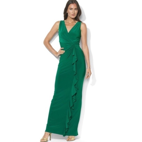 Lauren Ralph Lauren Kelly Green Sleeveless Twist Front Ruffle Gown Maxi Dress 4 - Picture 2 of 12